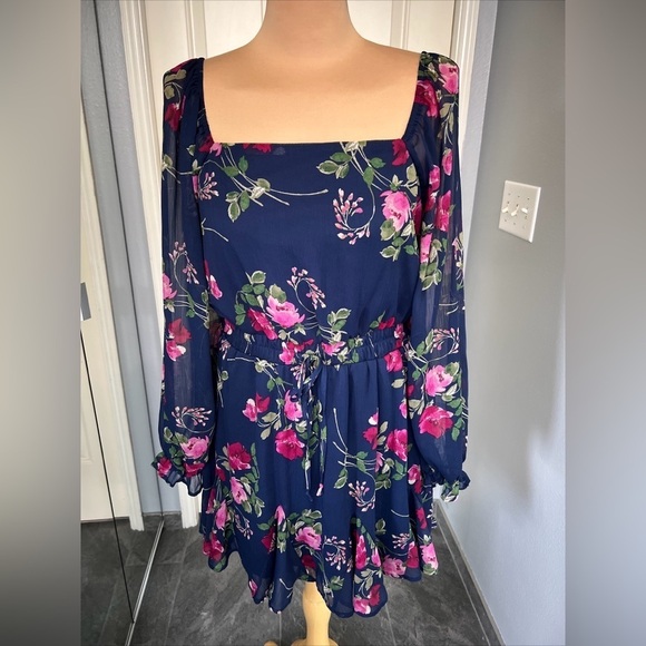Trixxi Navy Floral Square Neck Mini Dress - Picture 1 of 8